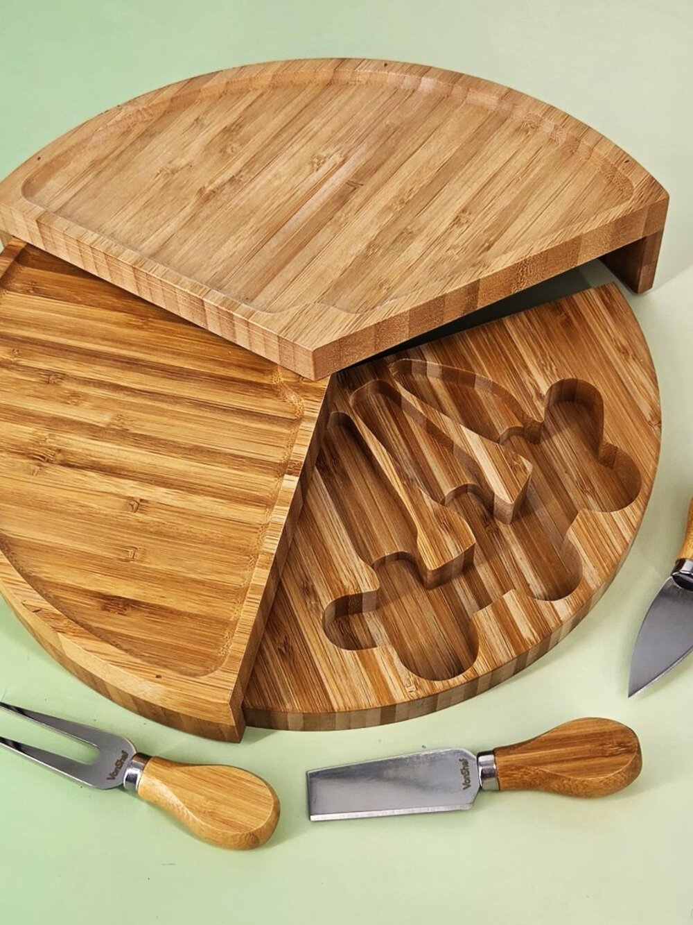 Von Shef Bamboo Wood NWOT 3 Utensils Charcuterie Cheese Round Multi Level Server